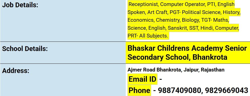 School Jobs at  Bhaskar Children's Academy Senior Secondary School ,  Jaipur